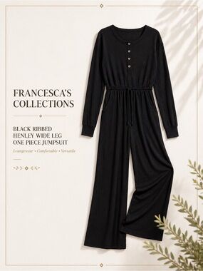 Francesca’s Black Ribbed Henley Wide Leg One Piece Jumpsuit NWT XS Pockets